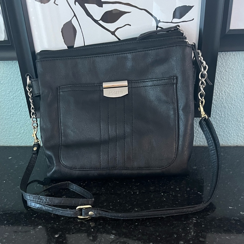 Rossetti Crossbody Purse Black Faux Leather Adjustable Strap Multi Pocket Bag.